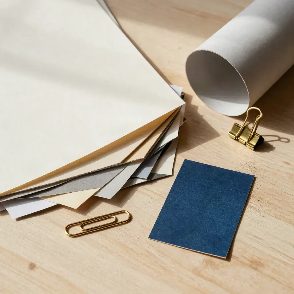 Overhead print-studio swatches with brass clip and folded proof jacket on pale wood.