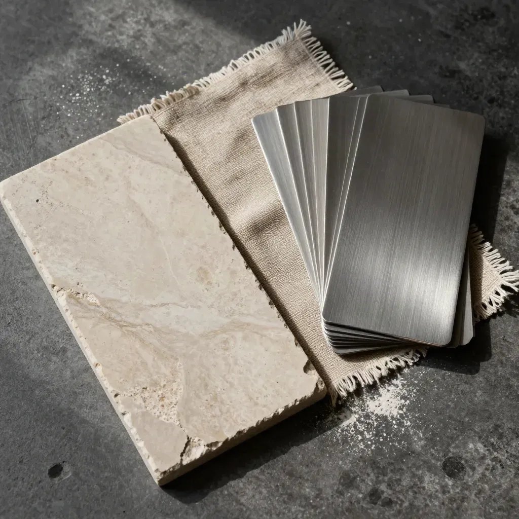 Top-down material samples: stone offcuts, linen swatch, and metal puck on dark concrete.