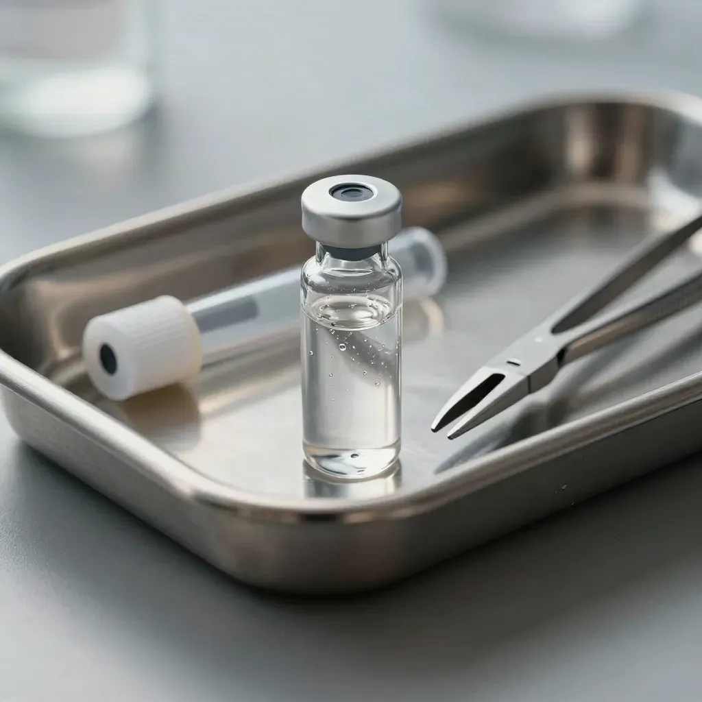 Stainless clinical tray with vial, specimen tube and forceps on brushed steel