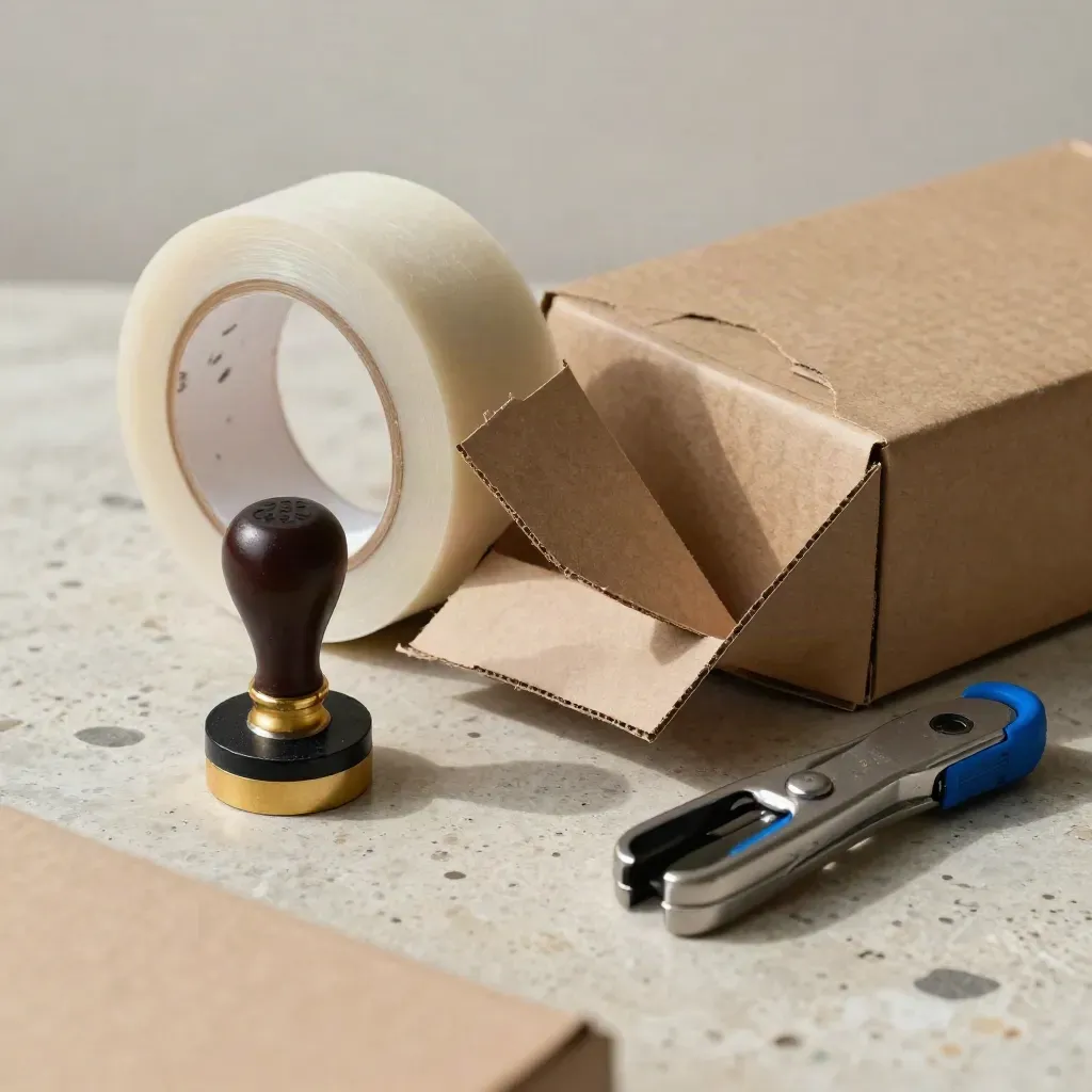 Kraft tape roll, folded carton, wax seal block, and metal cutter on limestone, low close-up