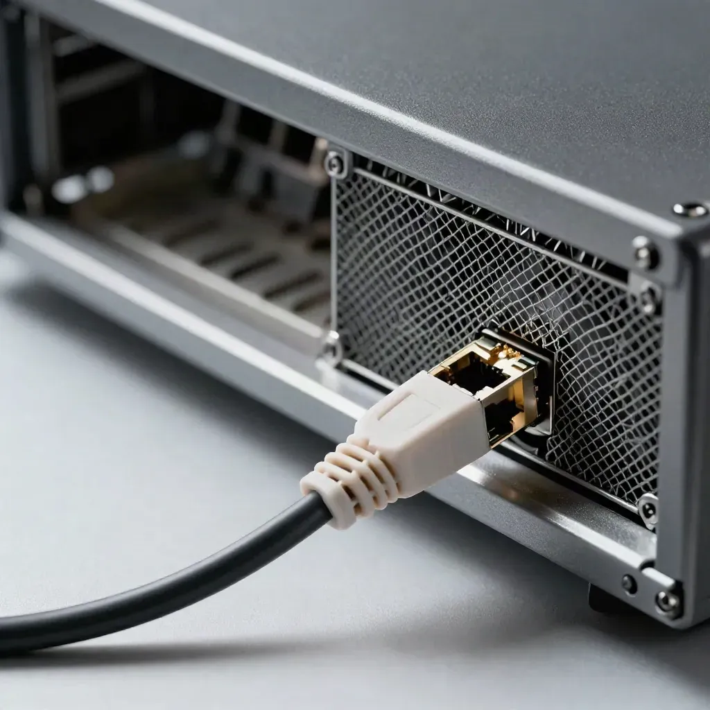 Server-room hardware on brushed metal: cable coil, coupler, fan filter, and aluminium rail.