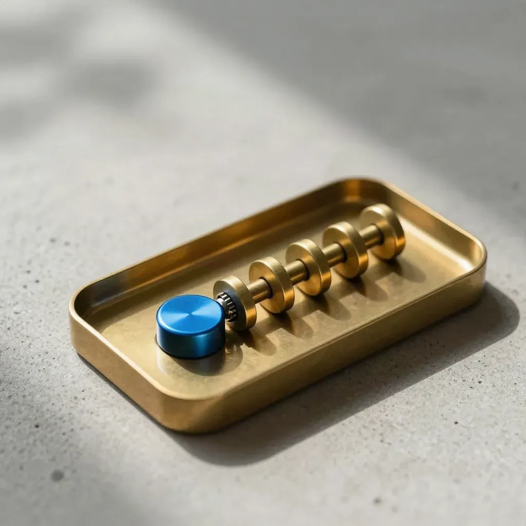Brass tally bead frame and blue spacer on concrete, shot in tight overhead macro.