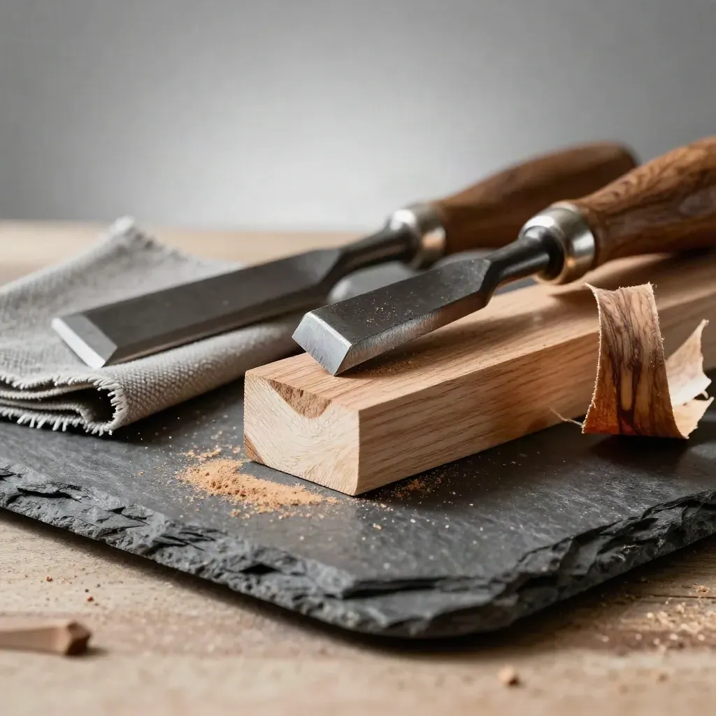 Slate close-up of woodshop tools: chisel, offcut, veneer and abrasive cloth in warm light.