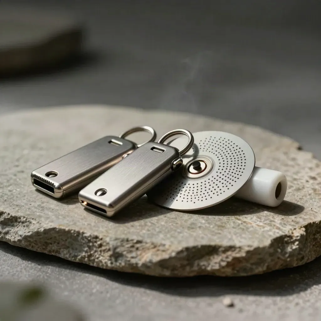 Brushed steel key fobs, perforated access disk and lock cylinder on stone in dramatic studio light