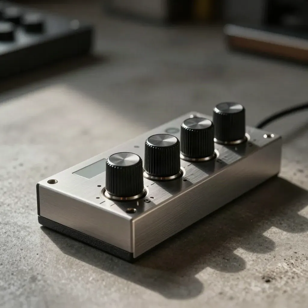 Close-up of a brushed aluminium selector block with four black knobs on concrete.