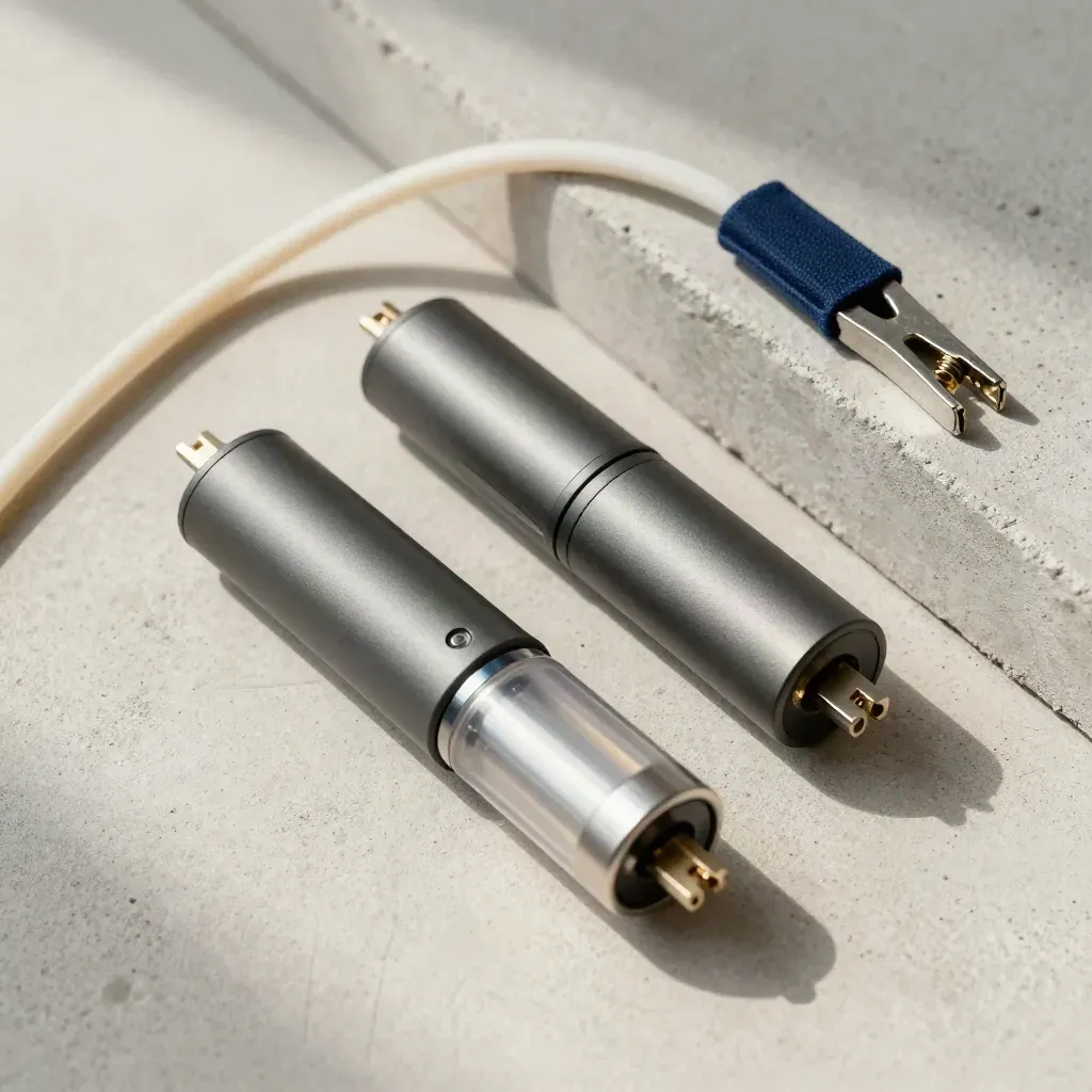 Top-down relay modules, patch lead and spring clamp on pale concrete, lit by soft daylight.