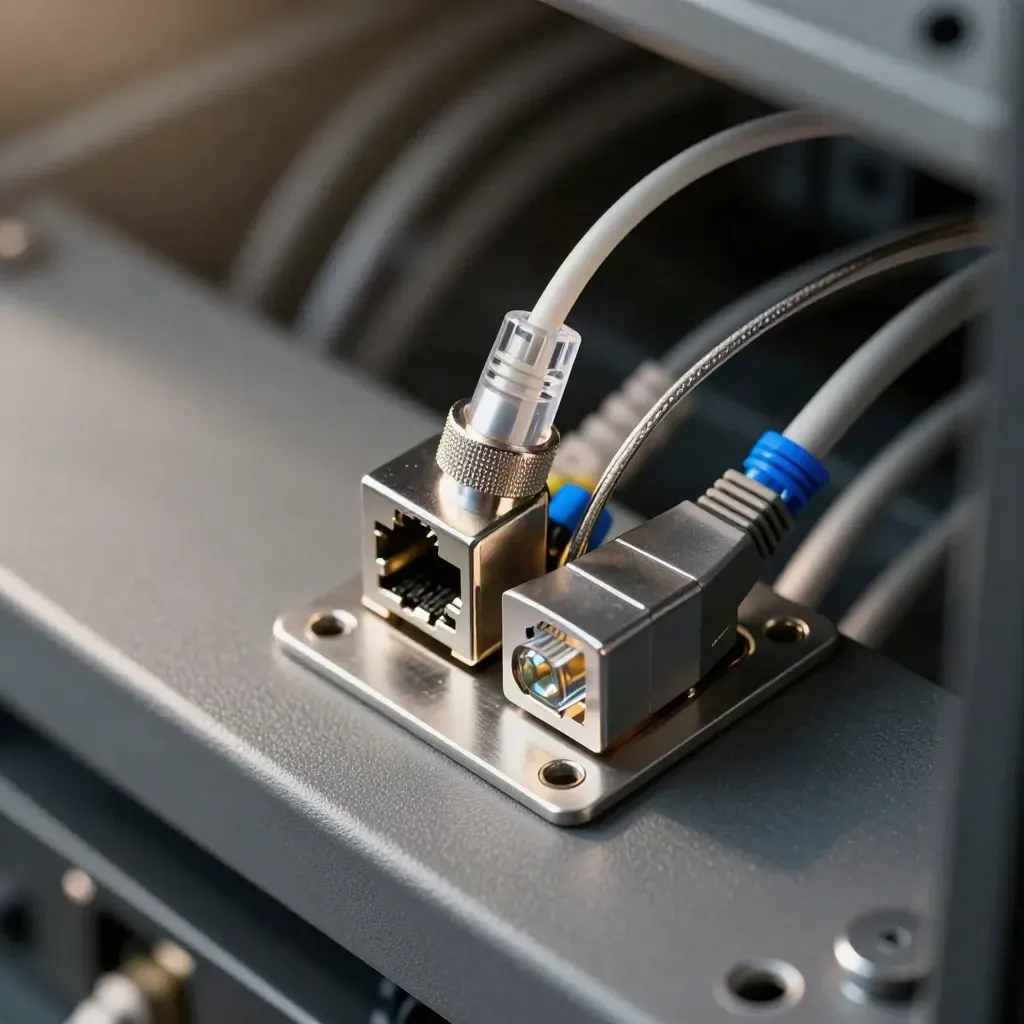 RJ45 coupler, fibre adapter, and cable splitter on a brushed aluminium junction plate