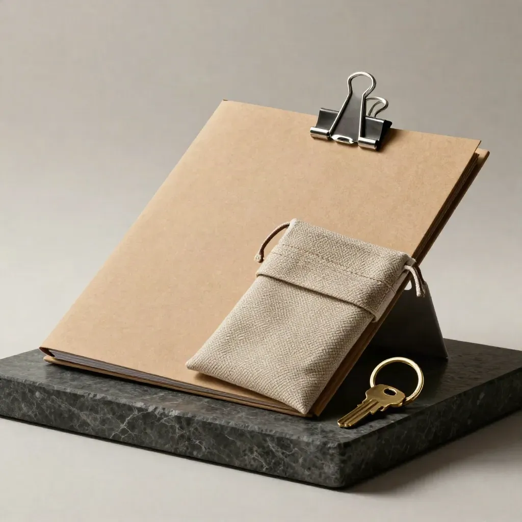 Overhead still life of a kraft folder, cable pouch, metal clip, and brass key ring on dark stone