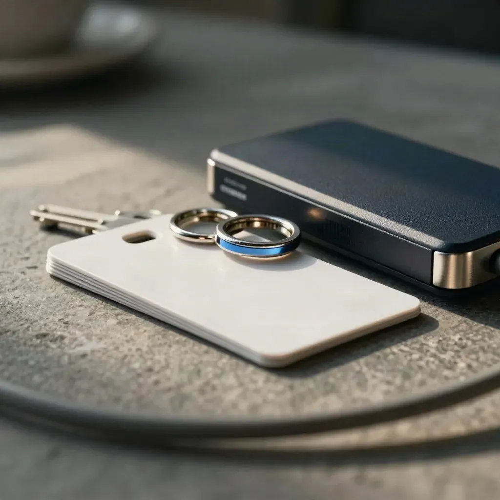 Key tags, blank access cards and a backup drive on stone, seen through blurred cables.