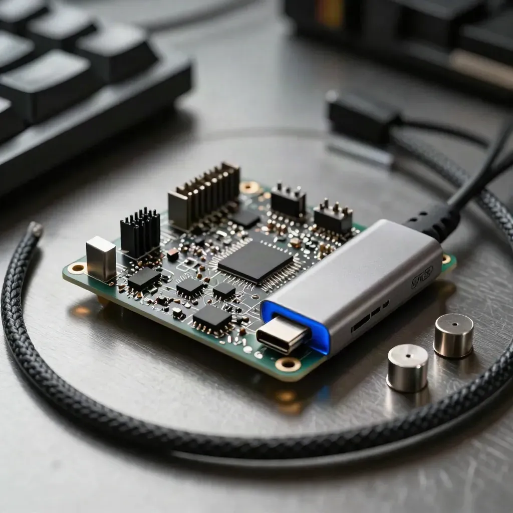 Prototype PCB, USB-C hub and braided cable on brushed metal under dramatic studio light.