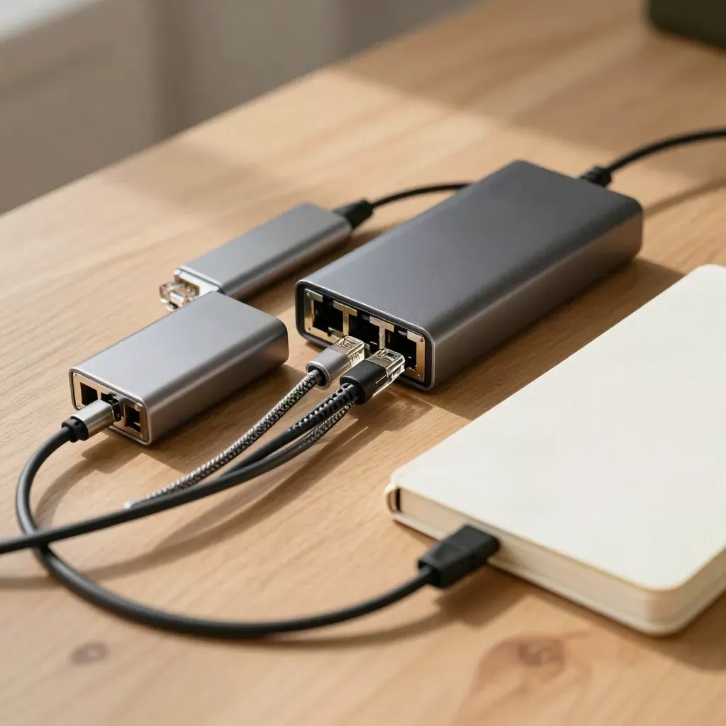 Top-down flat lay of switch, USB hub, cable organiser and notebook on pale wood.
