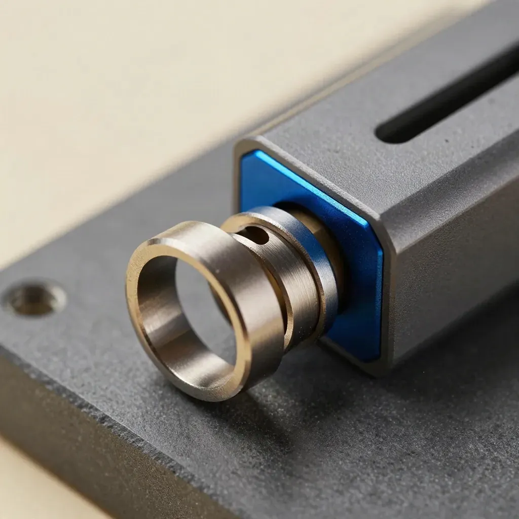Macro of linked metal rings and a connector block on graphite stone with blue accent