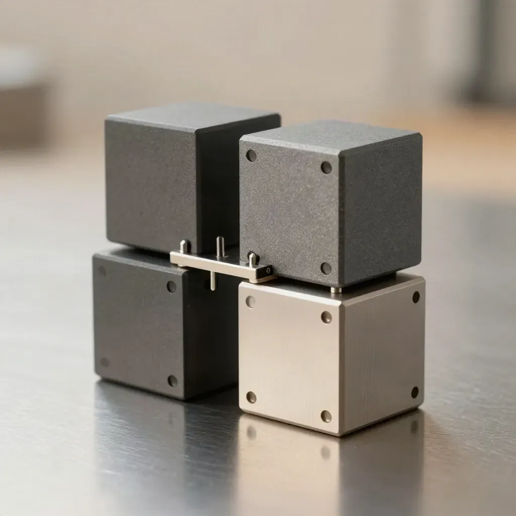 Precision metal cubes bridged by a hinge plate on brushed aluminium, dramatic studio light