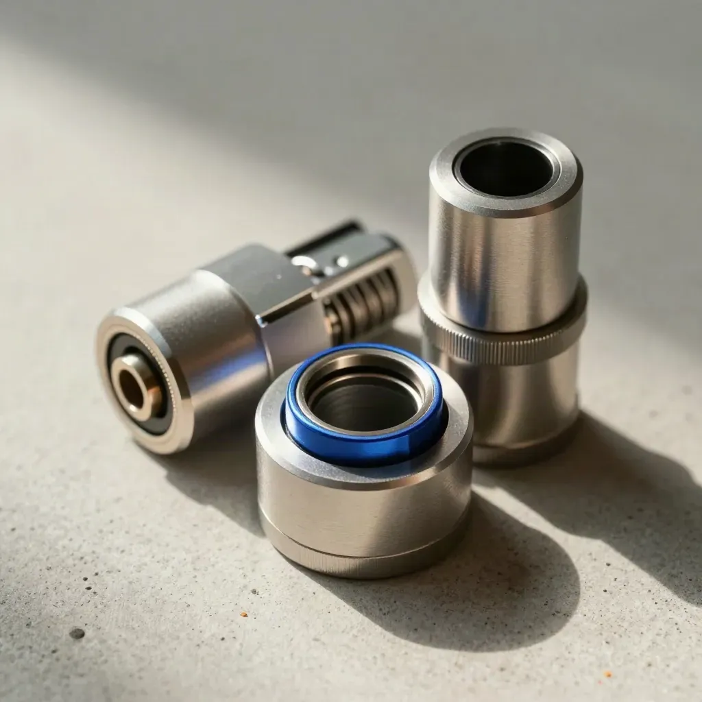 Top-down still life of brushed metal couplers, connector ring and spring clip on pale concrete.