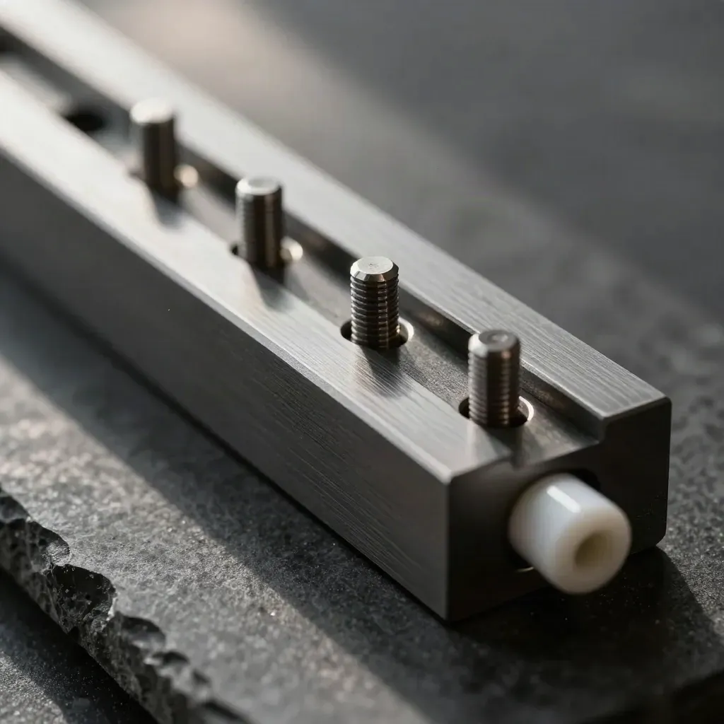 Close-up graphite integration blocks with stainless bridge and white spacer on dark stone
