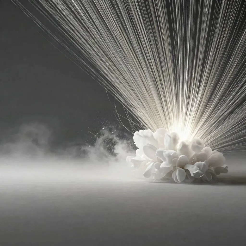 Silver filaments converge into a white bloom in graphite haze with drifting motes.